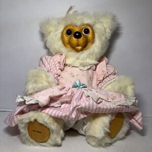 Vintage ROBERT RAIKES ORIGINAL Teddy Bear Wood Face Paws White Pink Dress